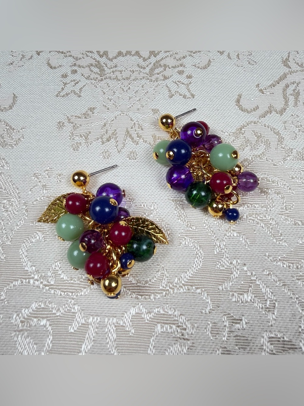 Vintage Gold Leaf Cluster Bead Earrings - Multicolor, Unmarked, No Backs